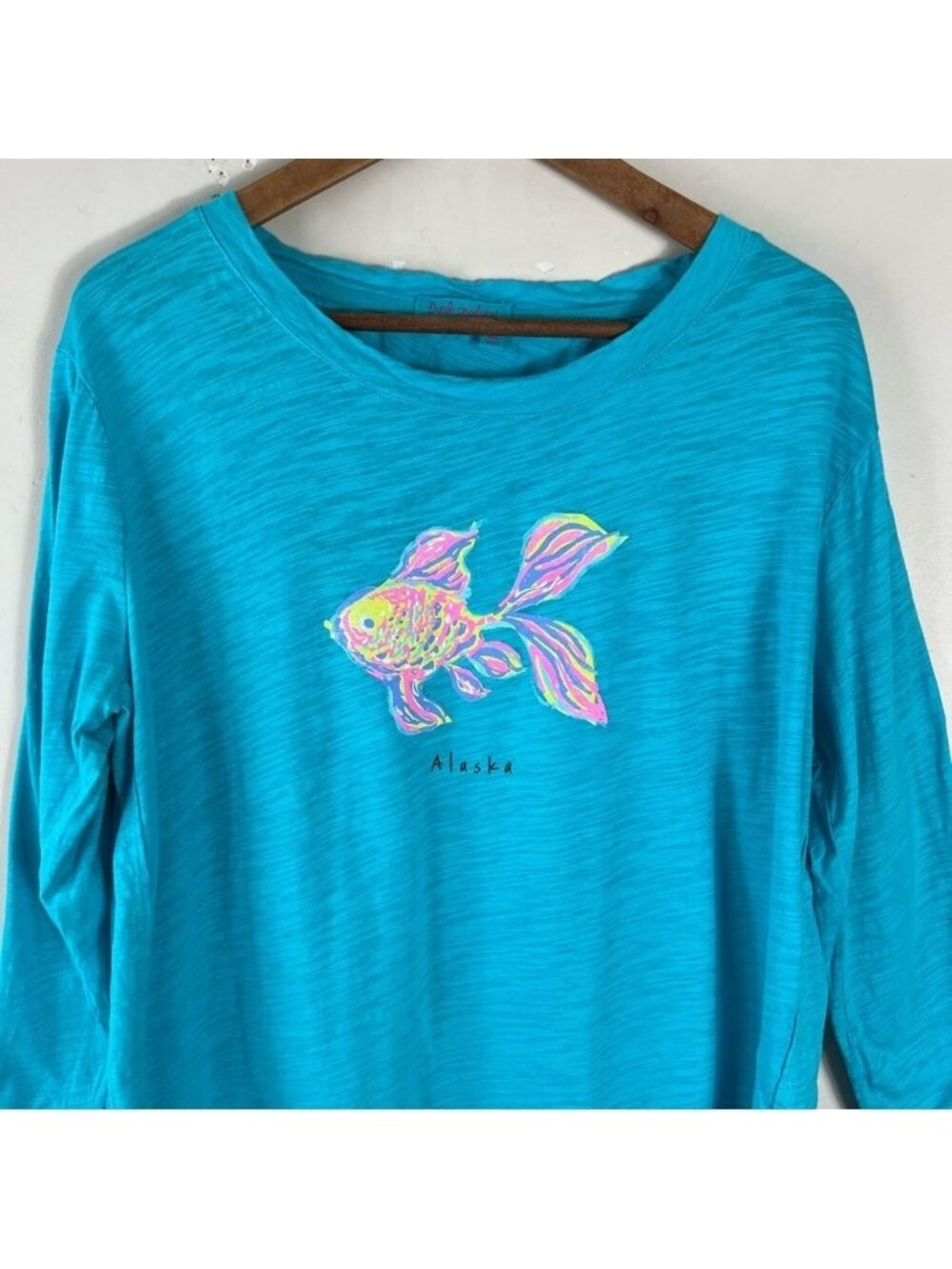 Fresh Produce Oversized Teal 3/4 Sleeve Graphic Fish Alaska Shirt Size Large - Picture 6 of 9